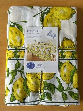 April Cornell Tablecloth 60″ x 120″ Lemons Yellow Green on White 100% Cotton NWT
